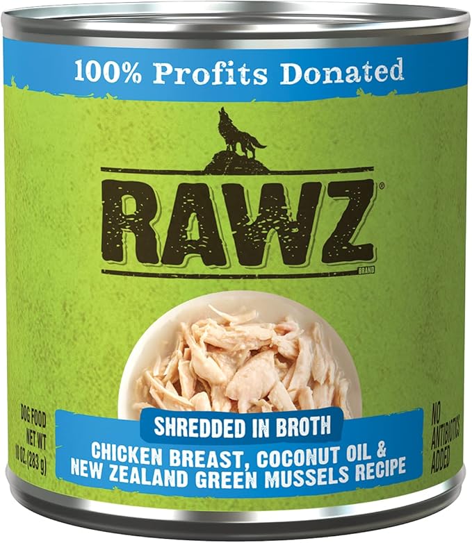 Rawz - in Broth Canned Adult Dog Food (Shredded Chicken in Broth) with New Zealand Green Mussels - 12 Cans -10 OZ Cans (Chicken&Coconut/Mussels)