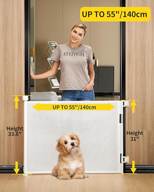 Retractable Baby Gate for Stairs β 33β Height, Expands up to 55β Width β Safety Gate for Infants, Toddlers, Dogs & Pets β Easy Install, Secure Closure, White Mesh Design for Indoor & Outdoor Use