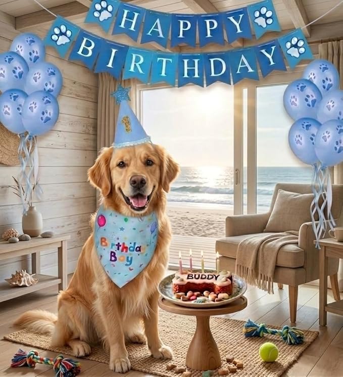 Dog Birthday Party Supplies, Dog Birthday Bandana Set, Dog Boy Girl Birthday Party Hat with Numbers,Flag, Balloon for Large Medium Small Dogs Pet (Blue)