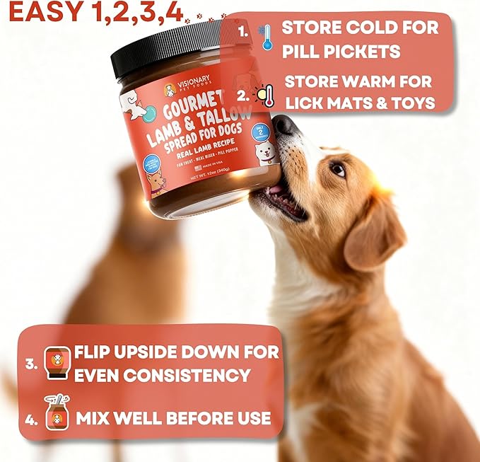 Visionary Pet Foods Lamb and Tallow Meat Spread, Dog Safe - Natural Peanut Butter Alternative - Digestive Support, No Additives - Meal Topper or Lick Mat Treat - 12oz Jar