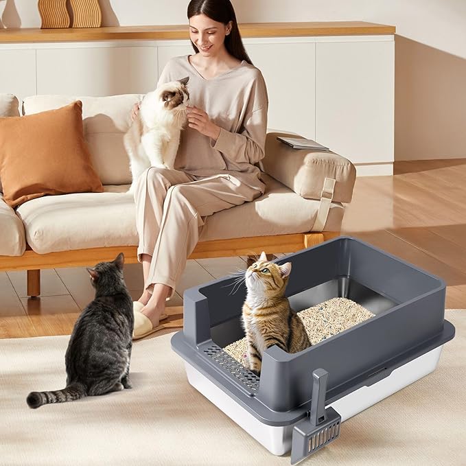 Extra Large Stainless Steel Litter Box, XXXL 27.6" H x 19.7" W x 11.8" H Metal High Sided Cat Litter Box with Scoop, Leak-Proof, Easy Clean for Big Cats/Multiple Cats (Dark Grey)