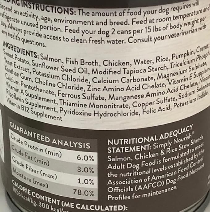 SIMPLY NOURISH Adult Dog Salmon, Chicken & Rice Stew Shreds. Four Ten Ounce Cans. Biggs Dog Waste Roll