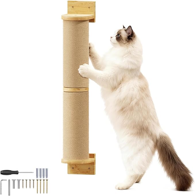 Cat Wall Scratcher Post- 24" Thicker Columns Wall Mounted Rubber Wood Sisal Scratching Post Furniture for Large Cats and Kittens