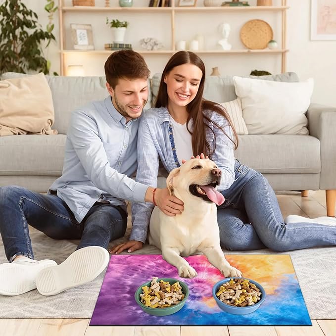 Tie Dye Dog Food Mat for Floors Absorbent, Quick Dry Water Dispenser Mat for Food, Water, Pet Supplies 16" x 24", Boho Abstract