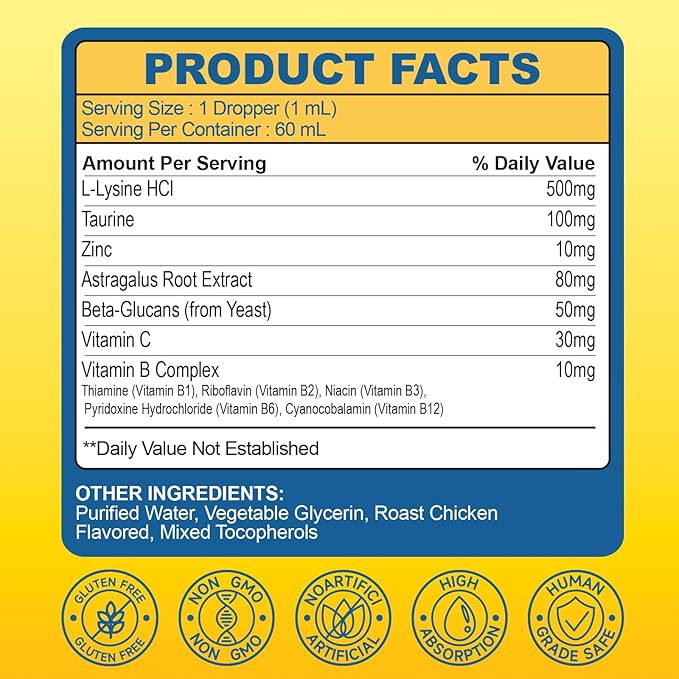 L-Lysine Supplement for Cats Immune Support, Cats Lysine Drops for Feline Respiratory, Sneezing, Runny Nose, Eye Function, Natural Strengthen Defenses-Natural Chicken Flavor, 2FL oz