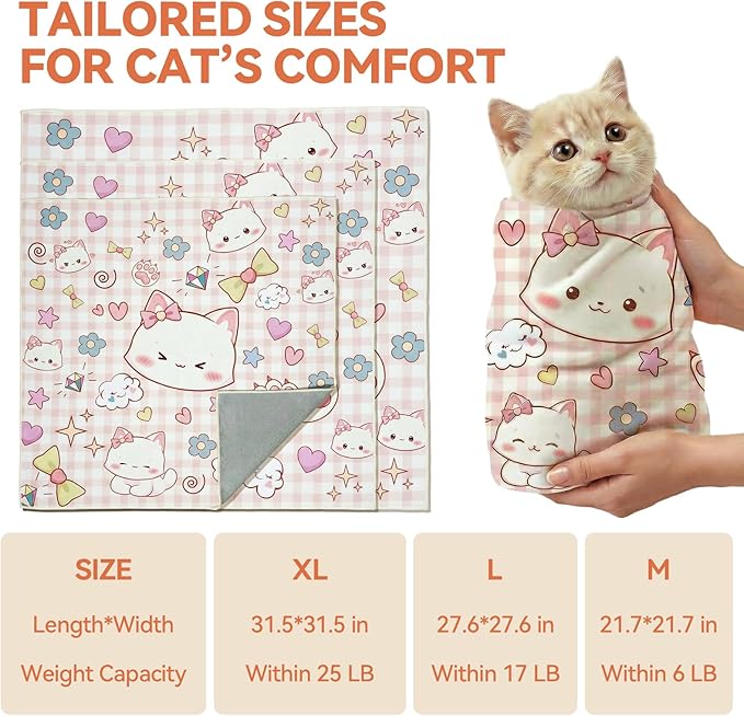 BFNN Cat Grooming Wrap for Cutting Nails, 27.6" Anti-Escape Calming Cat Swaddle Wrap for Medicine, Nail Clipping, Teeth Brushing, Ear Cleaning, Self-Adherent Burrito Restraint, (Happy Kitty, L)