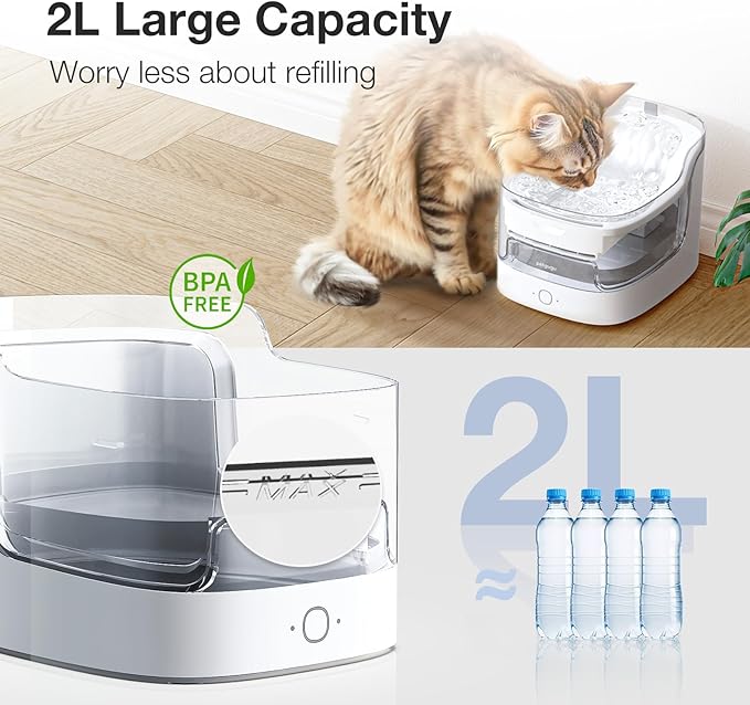 Cat Water Fountain, Automatic Water Dispenser, 2L Pet Water Fountain Transparent Water Tank, 8 Layers Filters Cat Fountain Dog Water Fountain Wireless Pump 2.4G WiFi PF1L