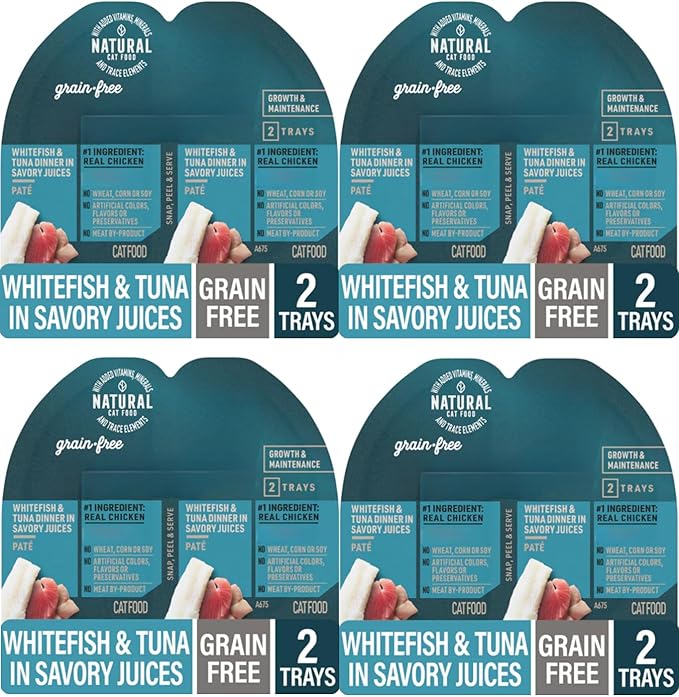 Grain Free Whitefish & Tuna Pate Wet Cat Food 8 Individually Sealed Trays (4 Twin Packs) - Natural No Wheat Corn Soy, Easy Peel Lids, Complete Balanced Adult Senior Indoor Cats Soft Pate