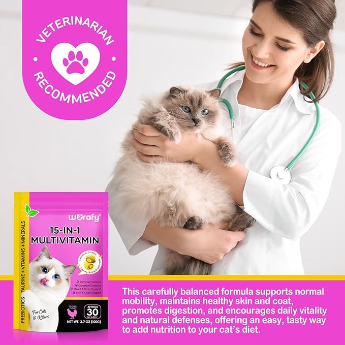 Cat Vitamins Chews, 15 in 1 Cat Multivitamin Treats for Health, Immune, Joint Support, Skin & Coat, & Digestion, Vitamins with Taurine, Omega-3s & Probiotics, Chicken (60 Day Supply)