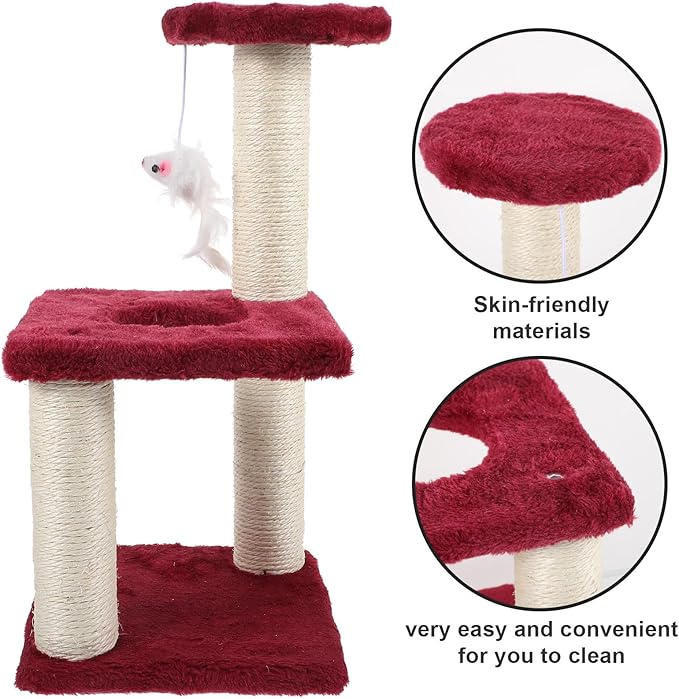 Homoyoyo Multi-Layer Sisal Cat Scratching Post with Mouse Three-Tier Indoor Climbing Tower for Cats Burgundy Sturdy Furniture for Comfortable Kitten Play and Claw Maintenance