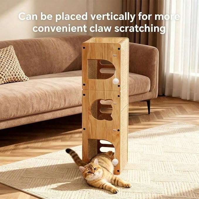 Multi-Function Cat Scratcher House Box,3-in-1 Scratch Pad and Soft Bed & Play Cave with Toys, Durable Build & Ideal for Cats/Kitty (Yellow,FX-MSD)