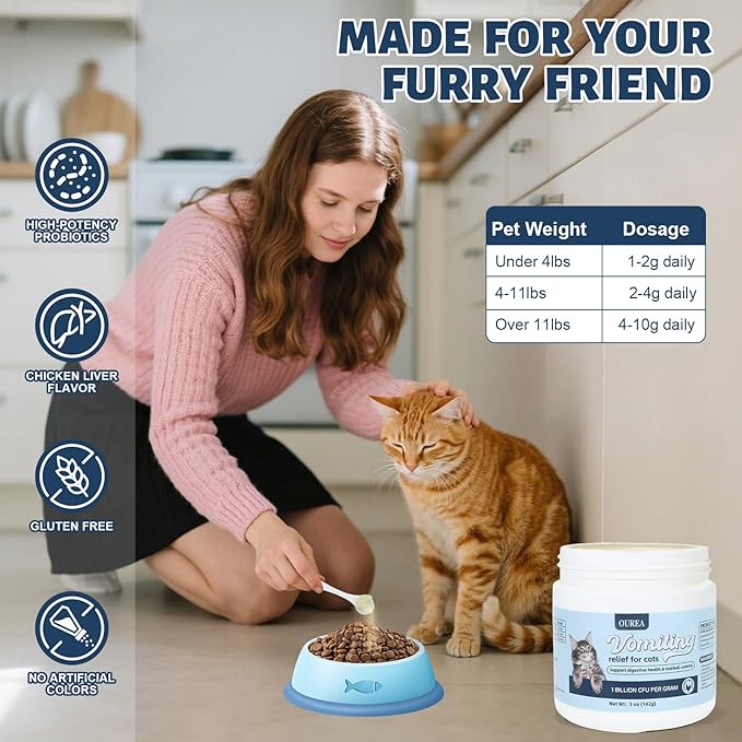 Cat Vomit Remedy, Vomiting Relief for Cats, Cat Vomiting Relief Supplement with Probiotic, Probiotic for Cats Relieves Dry Retching, Helps Expel Hairballs, and Supports Intestinal Health (5 oz)