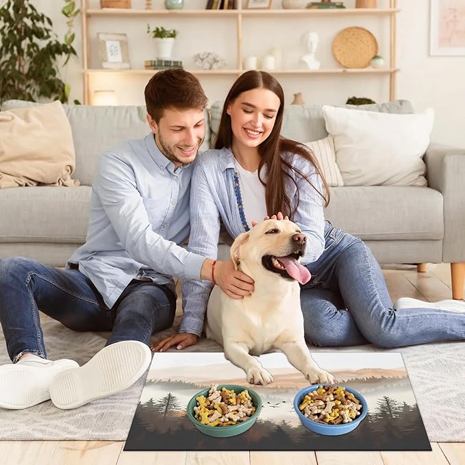 Misty Forest Dog Food Mat for Floors Absorbent, Quick Dry Water Dispenser Mat for Food, Water, Pet Supplies 24" x 32", Mountains Bird