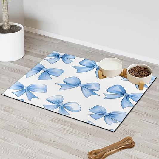 Blue Bowk Dog Food Mat for Floors Absorbent, Quick Dry Water Dispenser Mat for Food, Water, Pet Supplies 12" x 20", Cute Bowknot