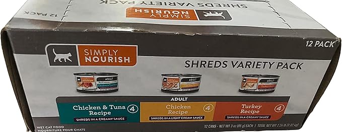 SIMPLY NOURISH Cat Canned Food. 1-12 Pack of Shreds Variety Pack. 4-Chicken & Tuna,4-Chicken Recipe, 4-Turkey Recipe Shreds in a Light Cream Sauce.12-3 Ounce Cans.