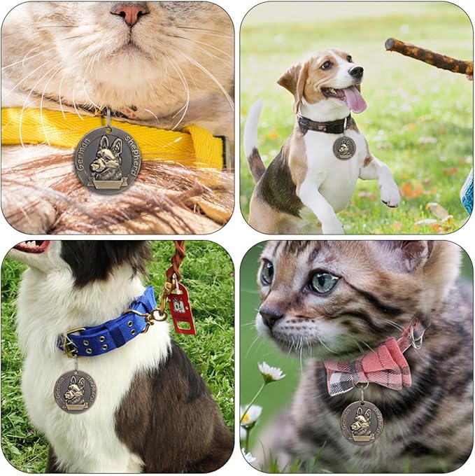BESTonZON 4pcs Vintage Alloy Dog Id Tags German Shepherd Collar Pendants Anti-Lost Identity Pet Name Tags for Dog Supplies