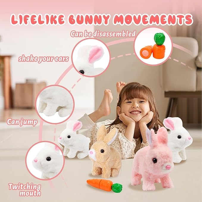 Easter Bunny Toy, Rabbit Interactive Hopping Electronic Pet Plush Bunny Toy with Sounds and Movements Animated Walking Wiggle Ears Twitch Nose (Pink)