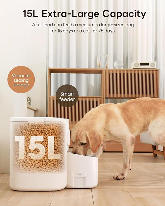 15L Automatic Dog Feeder for Large Breed, 2026 Vacuum-Sealed Storage Airtight 100% Freshness Timed Auto Dog Food Dispenser, Anti-Blockage, Support up to 0.86in Dry Pet Food, Stainless Steel Bowl