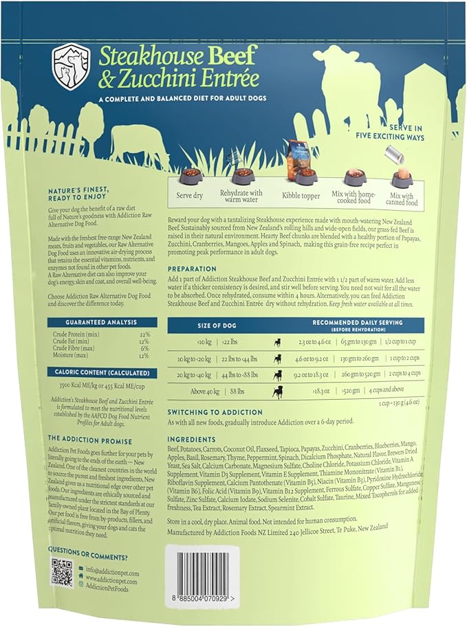 Addiction Steakhouse Beef & Zucchini Air-Dried Grain-Free Dog Food – Complete Meal or Topper with Natural Ingredients for Digestive and Skin & Coat Health, 2lb