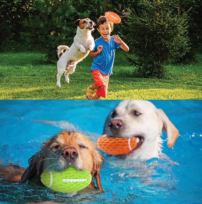 AUSCAT Squeaky Dog Football Toy, Dog Chew Toy, Tough Rubber Dog Ball for Medium Large Dogs, Green, Large, 5.5"