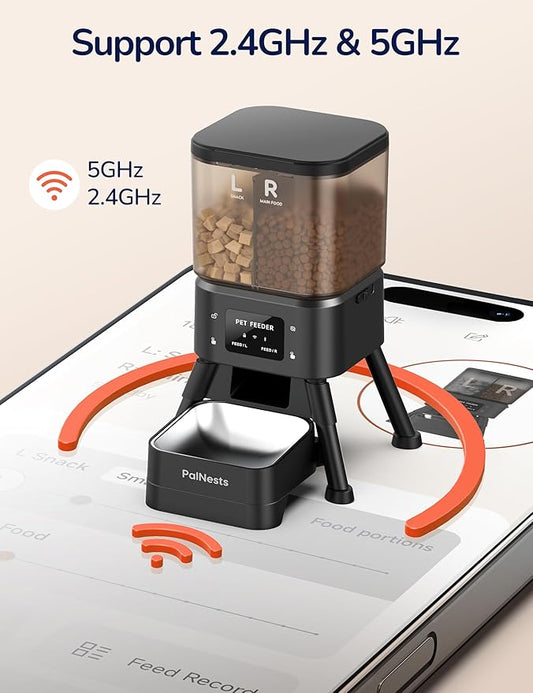 Dual Chamber Automatic Cat Feeder, Smart WiFi Pet Food Dispenser with 2.4&5G WiFi App, Custom Schedule & Portion Control for Dry Food and Treats, 4L, Black