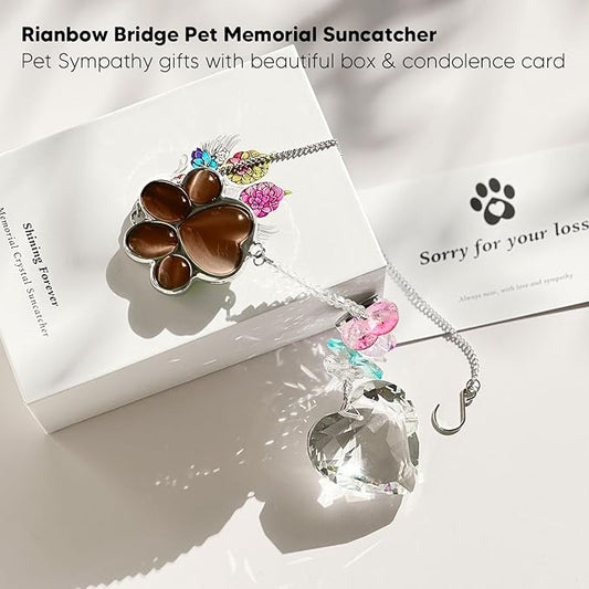 Pet Memorial Suncatcher - Dog Memorial Gifts, Pet Loss Sympathy, Thoughtful Dogs and Cats Condolence Bereavement Remembrance Gifts, Chrysoberyl Cat's Eye Stone Paw Crystal Suncatcher