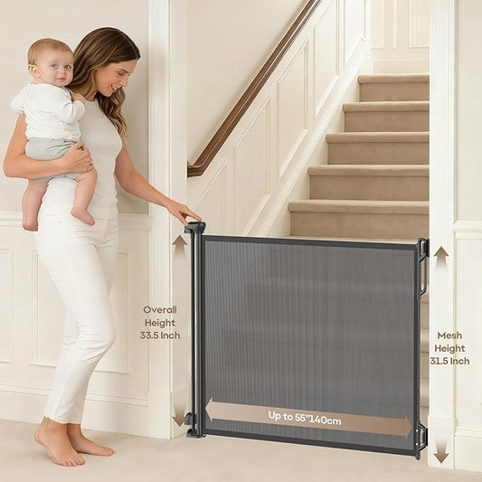 Retractable Safety Baby Gate or Mesh Dog Gate,Durable Portable Mesh Retractable Gate,Easy to Use for Stairs, Doorways, Hallways, Indoor, Outdoor, 33.5" Tall, Up to 55" Wide, Black
