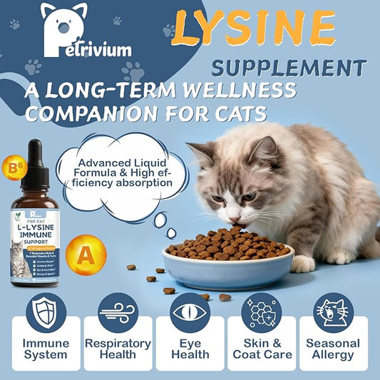 L-Lysine Supplement for Cats - Vitamins & Taurine for Immune Support & Allergy Relief - Lysine for Respiratory, Sneezing, Runny Nose, Eye Function - Natural Cat Antibiotic Drops - 60ML Slamon Flavor
