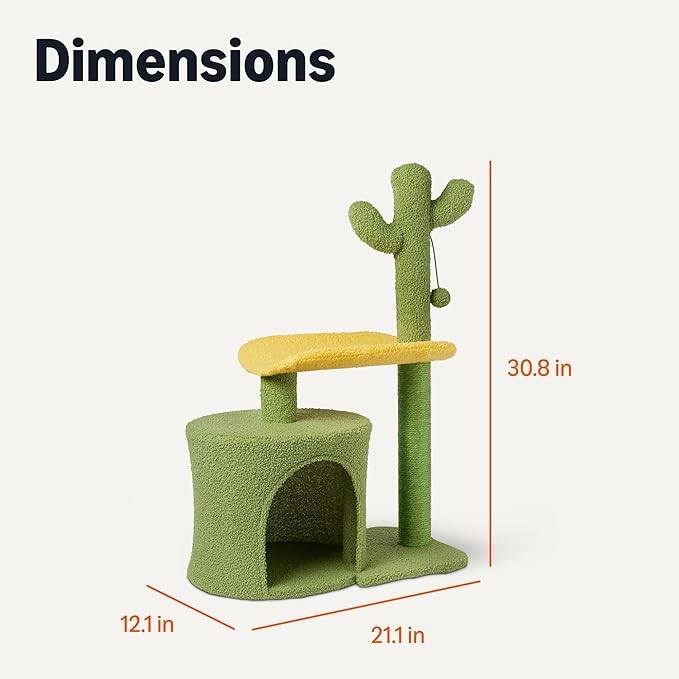 Amazon Basics Cactus Cat Tree for Indoors Cats& Kittens, Scratching Post with Curved Perch and Cozy Cat Condo, Interactive Dangling Ball,30.7” (77.9cm) H, Green