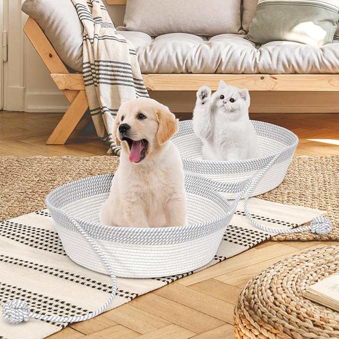 Hand Woven Cat Bed Basket With Toy Tail, Cotton Rope Foldable Sleeping Basket, Kitten Shaped House for Cats, Puppies, Rabbits and Small Pets (Medium, Gray & White)