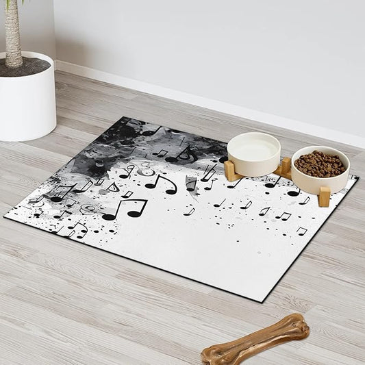Musical Notes Dog Food Mat for Floors Absorbent Dog Bowl Mat for Food and Water Dispenser Quick Dry Cat Food Placemat Pet Supplies 17" x 30", Black Music Note