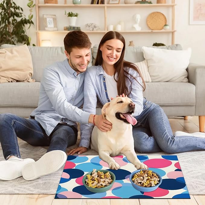 Polka Dot Dog Food Mat for Floors Absorbent Dog Bowl Mat for Food and Water Dispenser Quick Dry Cat Food Placemat Pet Supplies 17" x 30", Boho Circle