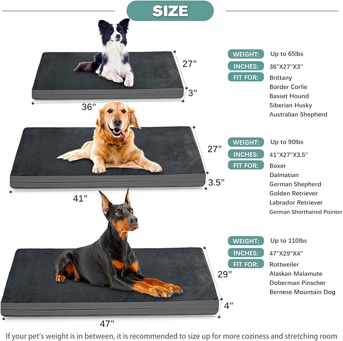 Waterproof XXL Dog Beds Large Sized Dogs, Orthopedic Washable Crate Pad 48 inch, Jumbo XXLarge Foam Pet Bed with Removable Cover Reversible, Anti-Slip Kennel Pad, 47"x29", Dark Gray