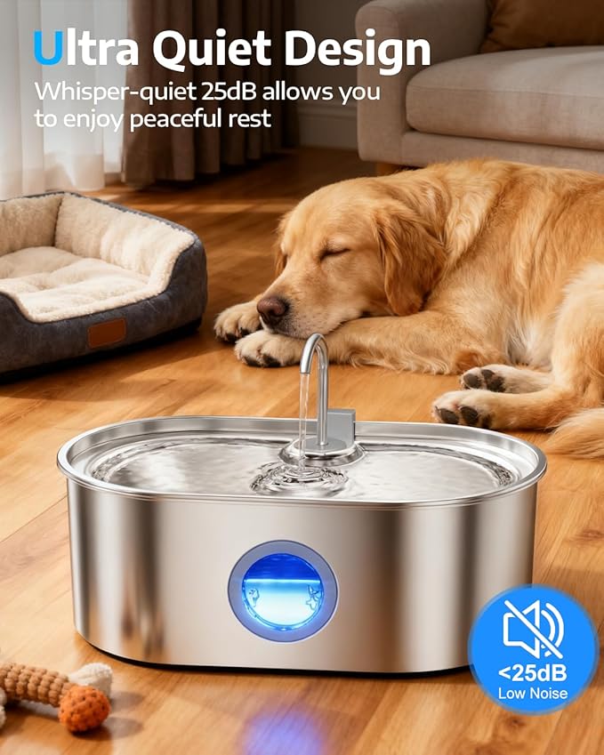 4.2Gal Dog Water Fountain for Large Dogs, 16L Stainless Steel Dog Fountain Water Bowl with Multi-Filtration & Deeper Drinking Tray, Extra Large Pet Water Fountain with Water Window(with 7 Filters)