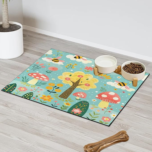 Tree Dog Food Mat for Floors Absorbent, Quick Dry Water Dispenser Mat for Food, Water, Pet Supplies 24" x 32", Mushroom Flower