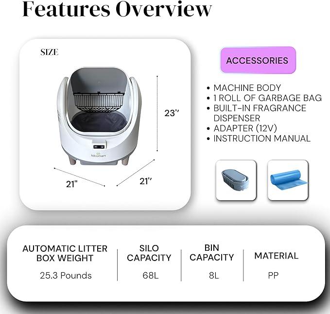 Open-Top Automatic Litter Box, New White Design with App Control & Fragrance Dispenser for a Fresh Home - 68L Self Cleaning Cat Litter Box for Multiple Cats