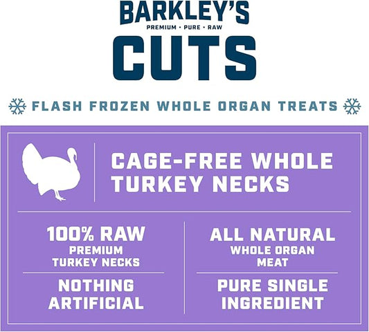Barkley’s Cuts, Frozen Raw Sliced Turkey Necks Dog Treats, Single Ingredient, Flash Frozen, High Protein Training Treats and Food Toppers for Puppies and Dogs, Human Grade Ingredients, 16 Oz Bag