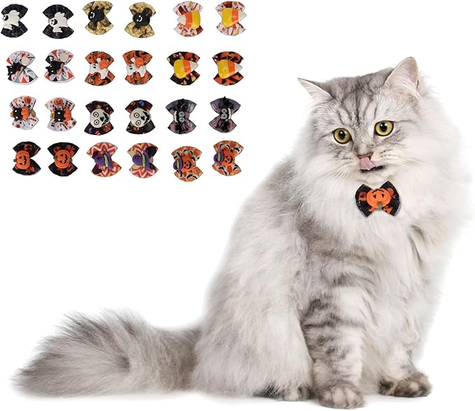 Dog Halloween Stylish Handcrafted Grooming Bows 24Pcs for Pet Cats Dogs, Polyester Material Halloween Patterns Cat Dog Hair Bows for Party Supplies