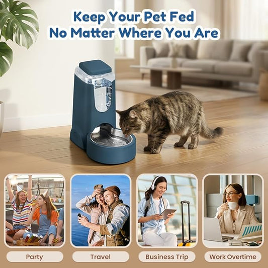 1 Gallon Automatic Cat Feeder Gravity Stainless Steel Water Dispenser Dog Feeder for Small Medium Puppy Kitten Pets Water Feeding Bowls, Navy
