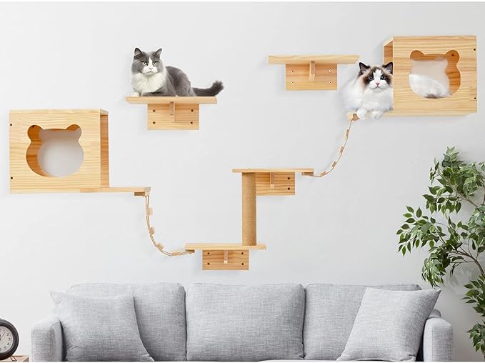 Cat Wall Shelves and Perches, Pine Wooden Cat Wall Furniture Climbing Shelves with Climber, Condo, Scratching Post, Ladder & Platform