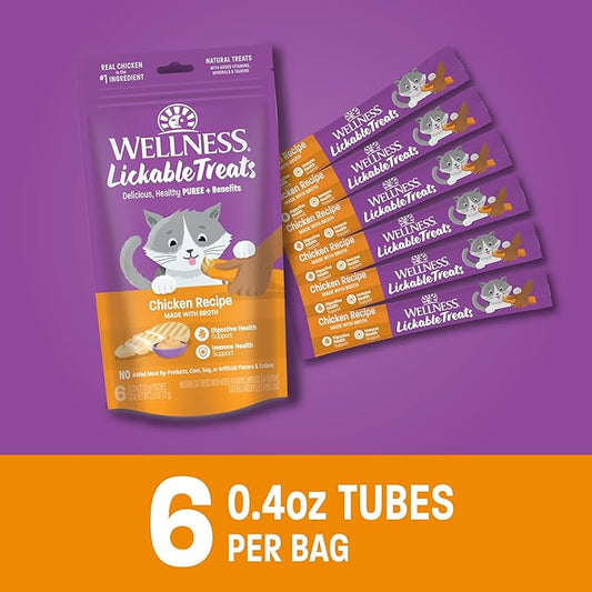 Wellness Lickable Treats Soft Puree Natural Grain Free Adult Cat Treats, Chicken Recipe, Contains 6-0.4 Ounce Squeezable Tubes