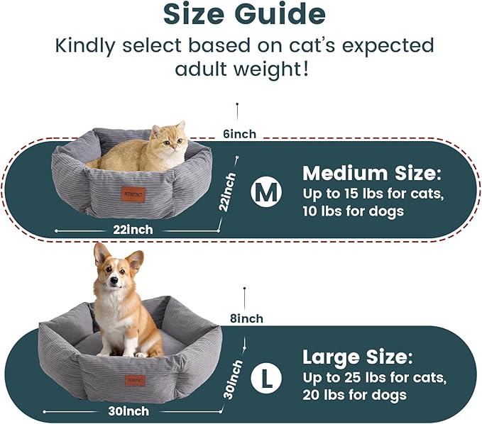 Cat Bed, 22 Inch Washable Corduroy Cat and Small Dog Bed with Removable Cover & Anti-Slip Bottom, Calming Comfort Pet Bed for Pets up to 15 lbs (Cream White)