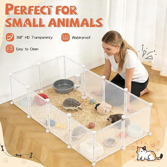 11.8" H 83" L in Total Small Animal Playpen, Anti-Jump Waterproof Puppy Play Pen Design for Kittens, Rabbits, Chicklings, Ducklings & Hamsters DIY Indoor Outdoor Use, Transparent