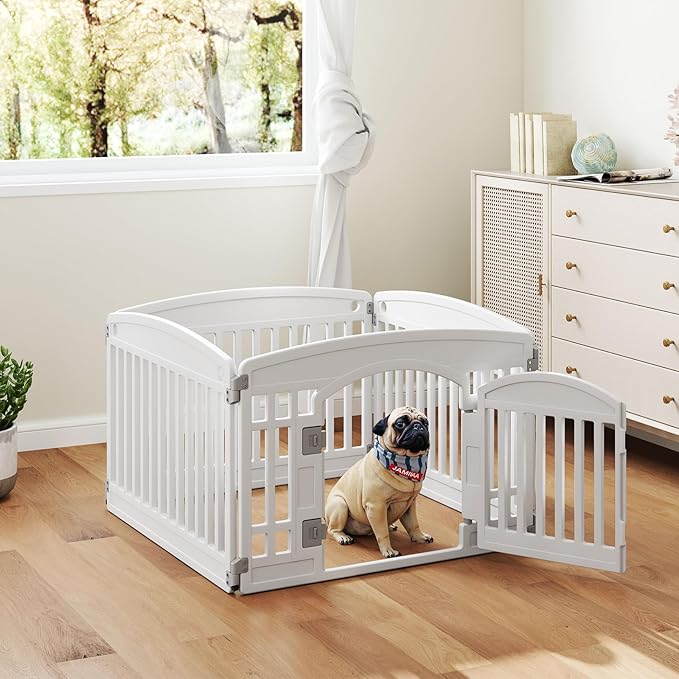 NEWBULIG Dog Playpen 4-Panel, 24IN Puppy Playpen, Stable Dog Play Pen Indoors/Outdoor with Secure Locking Door, Plastic Pet Fence for Small & Medium Dogs