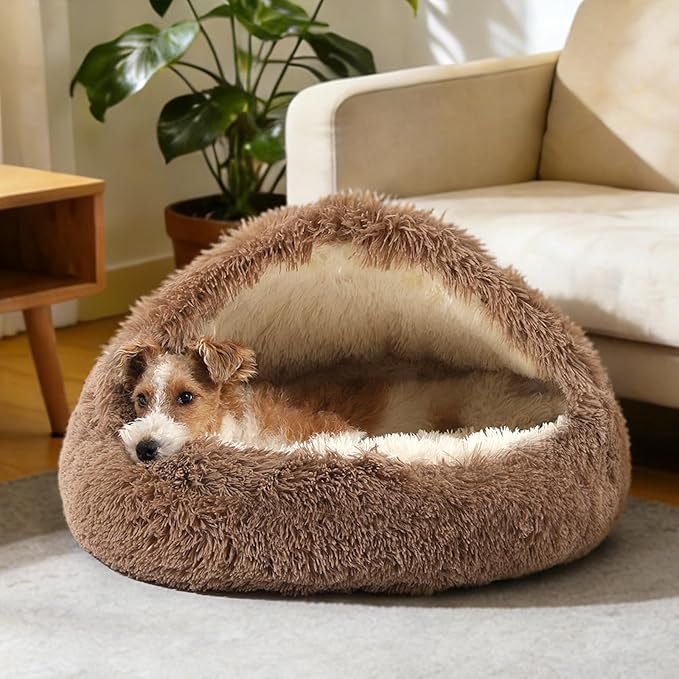 NOYAL Round Hooded Donut Dog Bed for Small & Medium Pets - Plush Fluffy Anti-Anxiety Cat Cave Bed with Cover