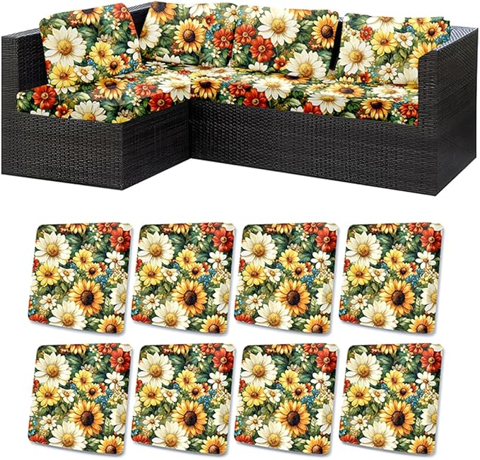 HANDONTIME 8Pcs Outdoor Patio Cushion Covers Sunflower Triangle Stretch Couch Cushion Cover Patio Couch Slipcover for Outdoor/Indoor Washable Non-Slip Furniture Protector for Pet (Multi,Cover Only)