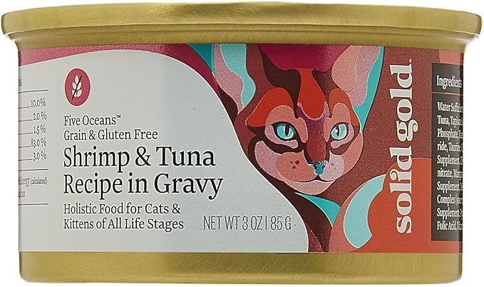 Solid Gold Five Oceans Holistic Wet Cat Food, Shrimp And Tuna Recipe In Gravy, 3 Oz Can, 12 Count