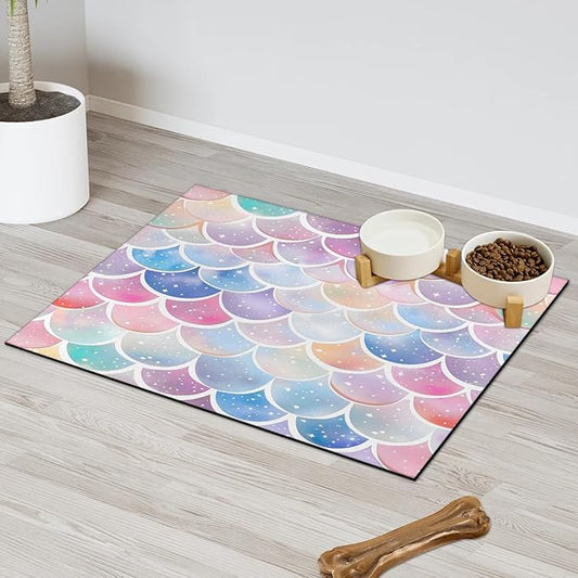 Mermaid Scale Dog Food Mat for Floors Absorbent Dog Bowl Mat for Food and Water Dispenser Quick Dry Cat Food Placemat Pet Supplies 12" x 20", Pink Purple Glitter