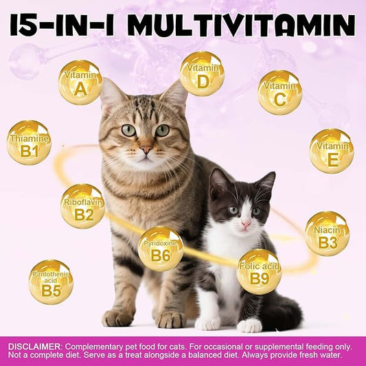 15 in 1 Cat Multivitamin Cruchy & Creamy Chews, Cat Treats for Immune + Digestive, Skin & Coat, Heart & Brain, Energy & Vitality Support, Vitamin for Cats with Omega 3 & Prebiotics & Taurine(30 Day)