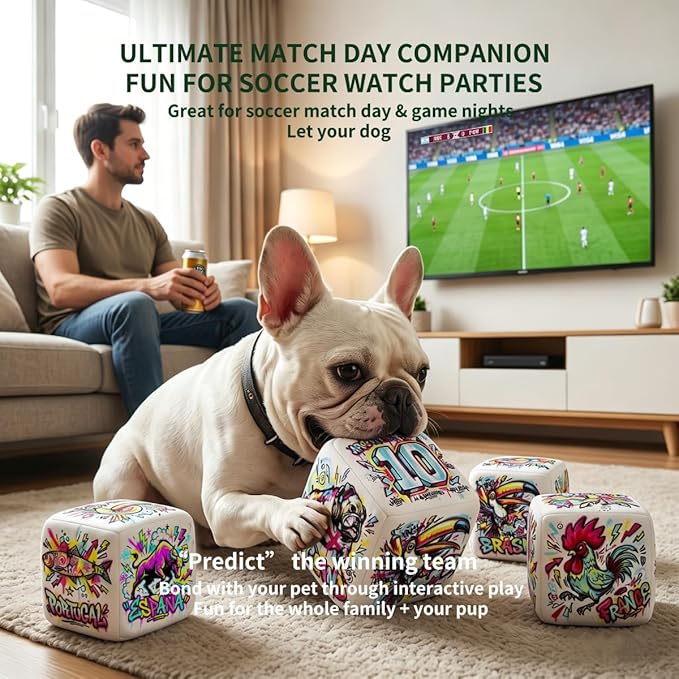 Street-art Soccer Toss Dice Dog Toy, Interactive Plush Cube with Squeaker Crinkle paper, Irregular Bounce Interactive Indoor Toy, 6-Sided Squeaky Prediction Dice,Match Day Companion Pet Supply